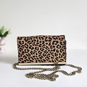 Vintage Banana Republic Calf Hair Leopard Print Clutch Chain Strap Gold Hardware